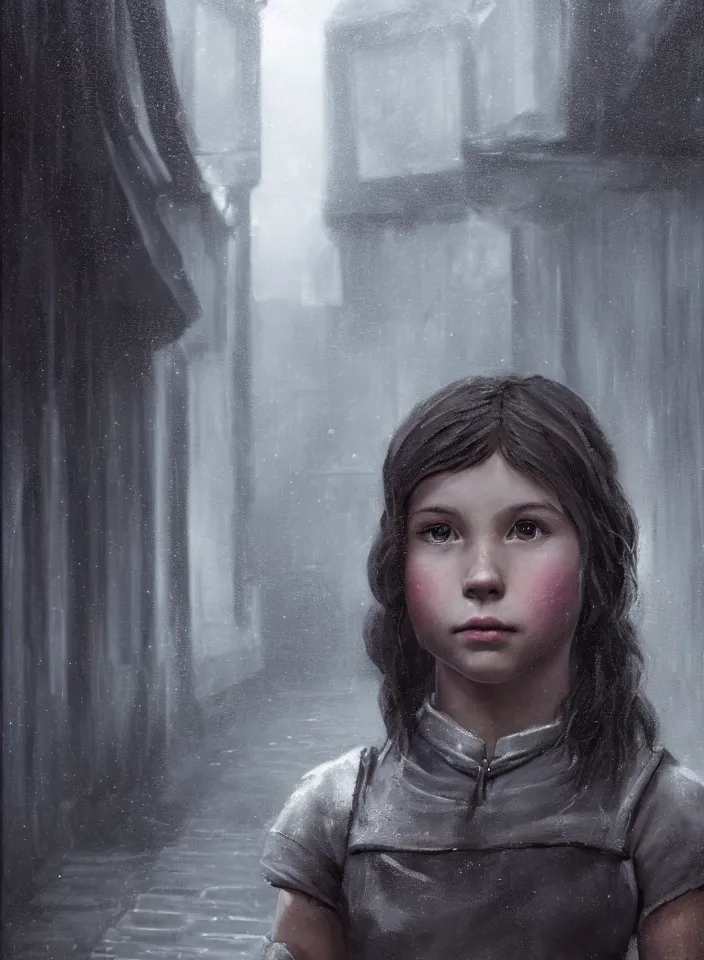 Image similar to a closeup portrait of an young girl from skyrim standing in an alleyway whilst raining, fantasy setting, city environment, serene colors, soft lighting, atmospheric, cinematic, moody, in the style of diego koi, gina heyer, luiz escanuela, art by alyssa monk, depth, hyperrealism, rule of thirds, golden ratio, oil on canvas, 8 k