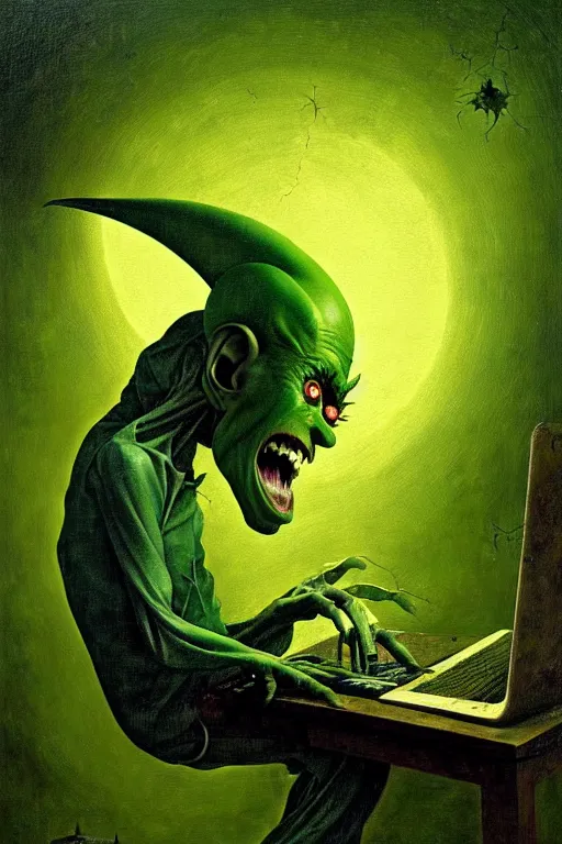 Prompt: hieronymus bosch, greg rutkowski, anna podedworna, painting of a green goblin screaming at a laptop