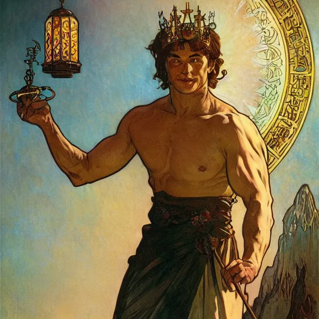 Image similar to an aesthetic! a detailed portrait of a man with a crown, holding a lantern by frank frazetta and alphonse mucha, oil on canvas, art nouveau dungeons and dragons fantasy art, hd, god rays, ray tracing, crisp contour lines, huhd