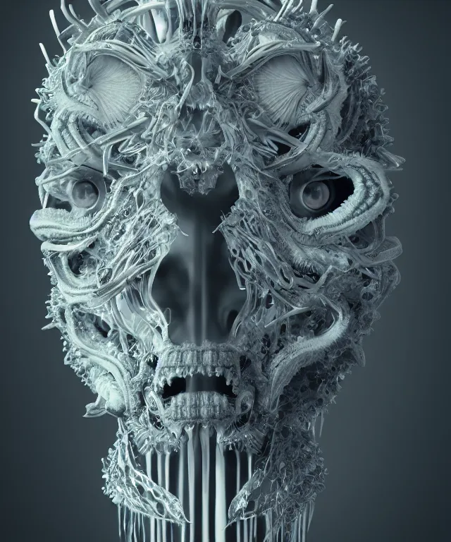 Image similar to symmetrical goddess close-up portrait wigh crown made of skulls. betta fish, phoenix, bioluminiscent creature, intricate artwork by Tooth Wu and wlop and beeple. octane render, trending on artstation, greg rutkowski very coherent symmetrical artwork. cinematic, hyper realism, high detail, octane render, 8k