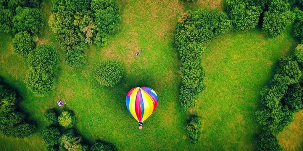 Prompt: hot air balloon, beautiful landscape, bird's eye view