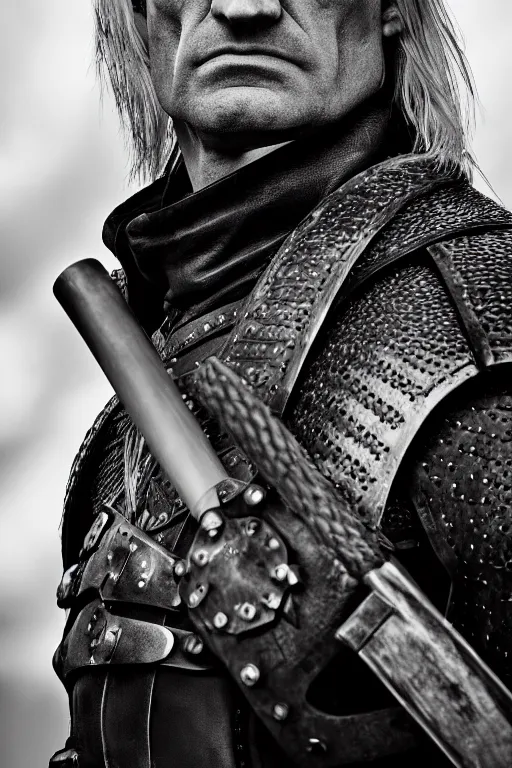 Image similar to upper body portrait of geralt of rivia, 5 5 mm lens, professional photograph, serious, stern look