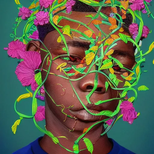 Image similar to colourful vfx art - portrait of nigerian boy wrapped in flowers & vines, art by hsiao - ron cheng & james jean - presented as magazine collage style, volumetric light, colourful, sharp, detailed, digital painting, illustration, illustration, magazine collage, highly detailed, intricate detail, unreal engine, octae render, pinterest, behance, art station,