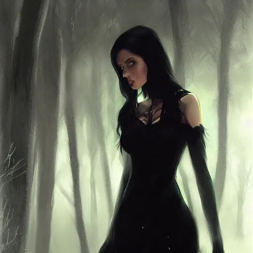 Prompt: portrait painting of female forest elf black hair, black dress, dramatic light, 8 k, by greg rutkowski