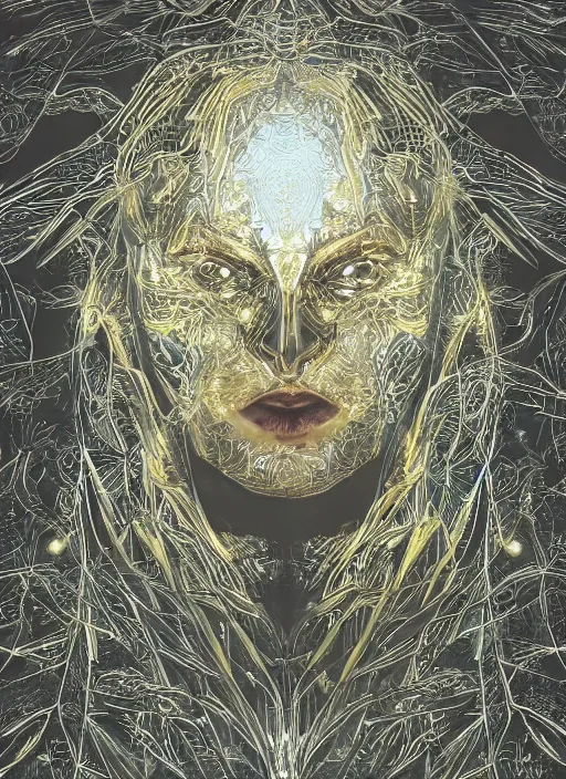 Image similar to glowing silver and golden elements, full close-up portrait, vector crow from unsplash, book cover, green forest, white moon, establishing shot, extremly high detail, photo-realistic, cinematic lighting, pen and ink, intricate line drawings, by Yoshitaka Amano, Ruan Jia, Kentaro Miura, Artgerm, post processed, concept art, artstation, matte painting, style by eddie mendoza, raphael lacoste, alex ross