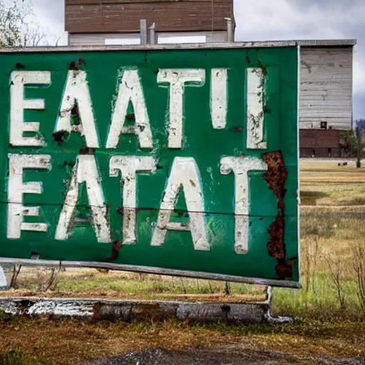 Prompt: an abandoned restaurant with a sign saying eat, one of the letters is missing, and the sign is completely rusted.