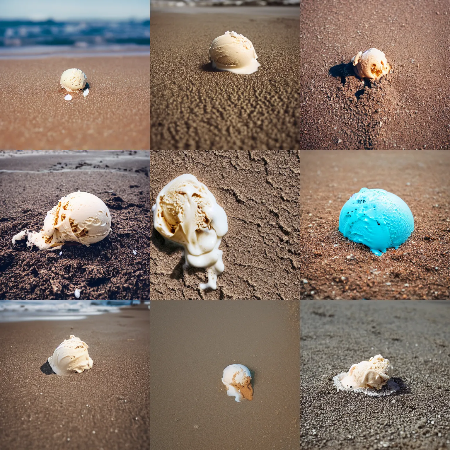 Prompt: medium format film close up of a dropped, melted ice cream on a sandy beach pavement on a sunny day, hasselblad film bokeh, unsplash, soft light photographed on colour expired film