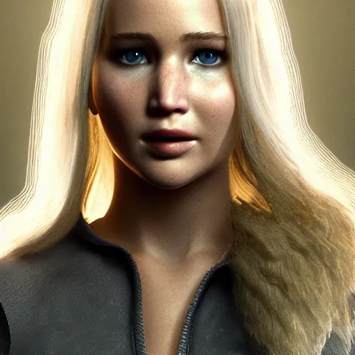 Image similar to Jennifer Lawrence, straight hairstyle, white eyes, blonde hair, realistic render, short hair, unreal engine render, Icaro Carvalho
