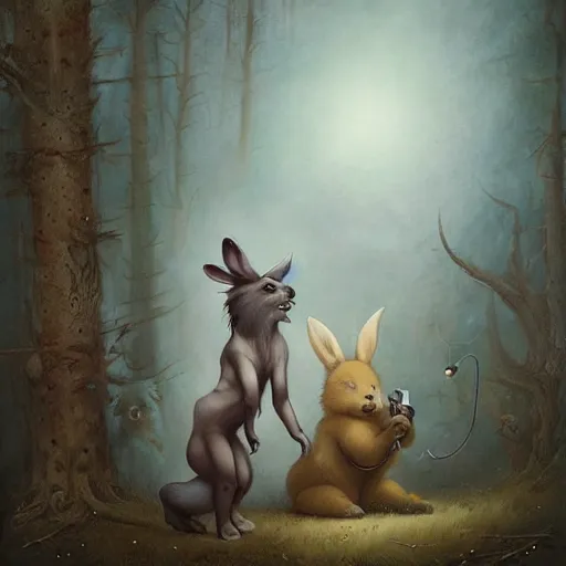 Prompt: a bear and a bunny chimera with the size and strength of a bear, The white color and long bunny ears of a bunny and golden brown antlers. Peter Mohrbacher. George Stubbs