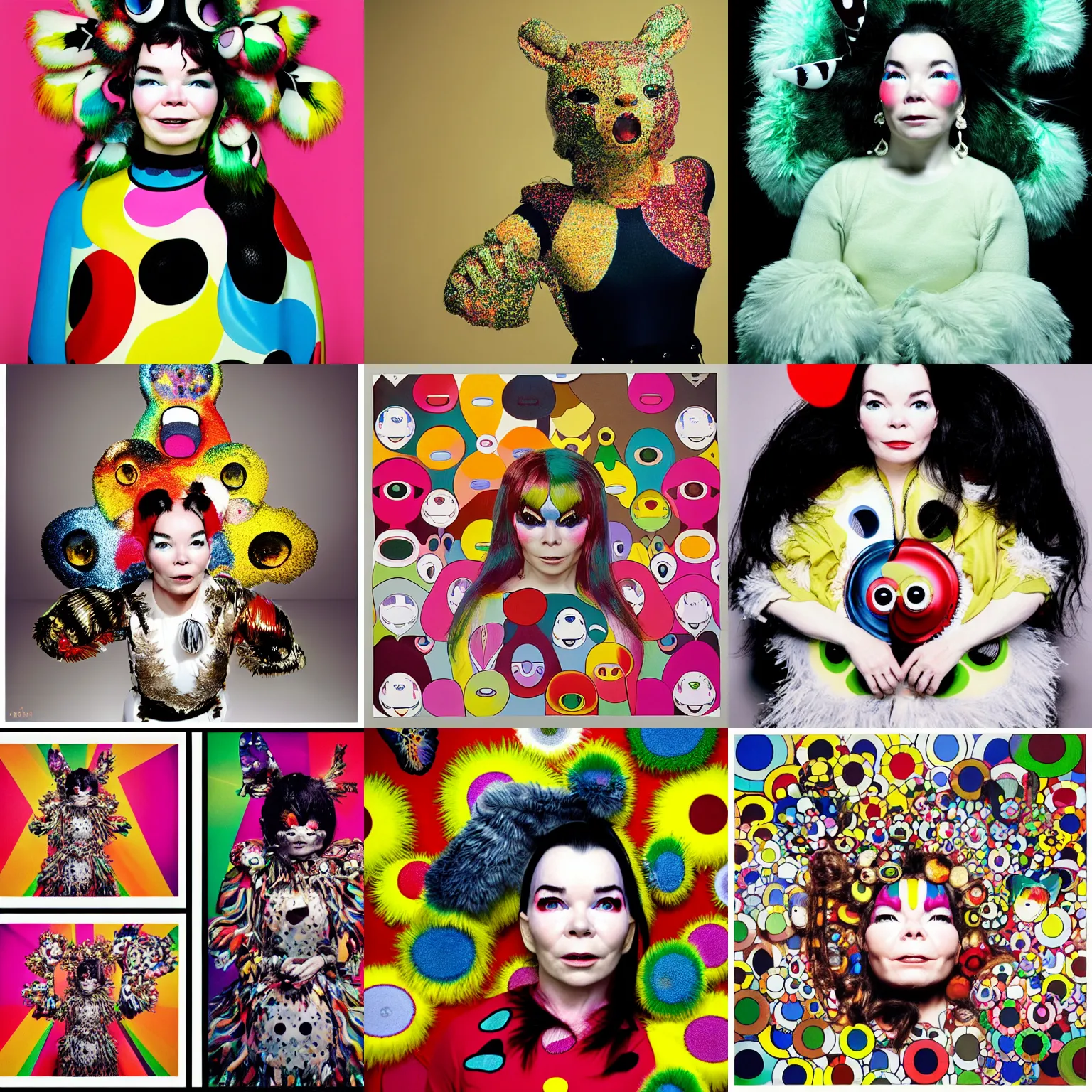 Prompt: professional photo shoot portrait of bjork in the style of takashi murakami superflat, moth fursuit, surrealism, 1 9 9 6, three point lighting bjork