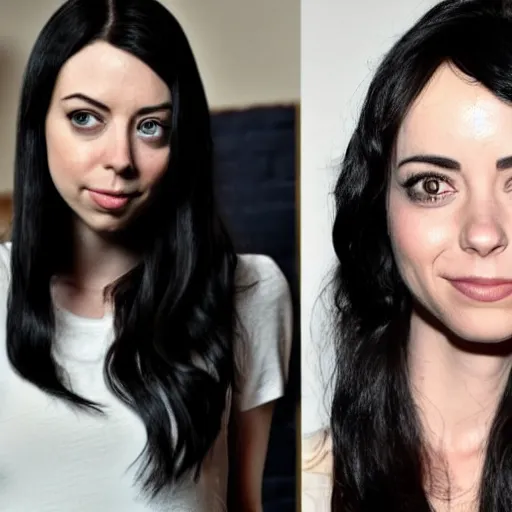 Prompt: a girl with long black hair and a side part, her face is a mix between aubrey plaza, krysten ritter, lucy hale, christina ricci and sarah hyland