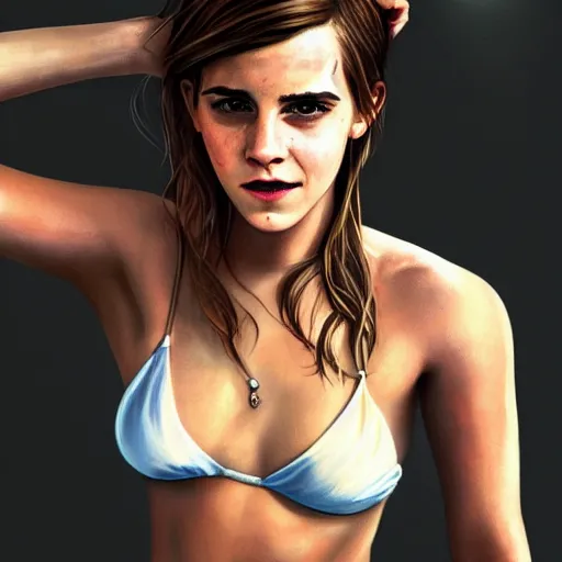 Image similar to highly detailed painting of emma watson wearing a bikini, gta 5 cover art style, 8 k, radiant light, detailed and intricate environment, trending on artstation