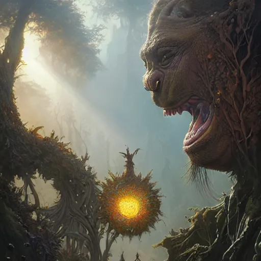 Image similar to a hyperrealistic illustration of a mix of an oger and giant and goblin, 8 k ultra realistic creature, detailed intricate, with fractal sunlight, award - winning, masterpiece, in the style of tom bagshaw, cedric peyravernay, peter mohrbacher