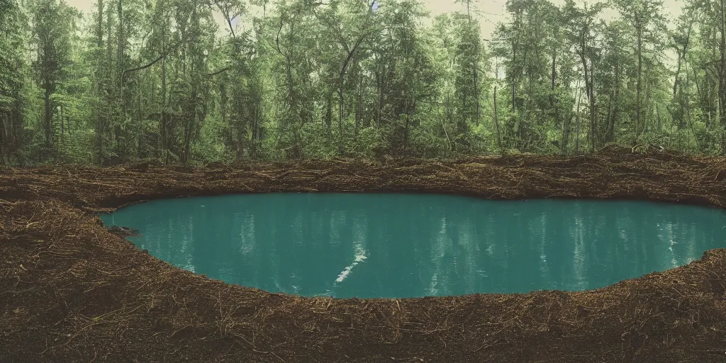 Prompt: photograph of a long rope snaking across the surface of the water, stretching out towards the vortex sinkhole at the center of the lake, a dark lake on a cloudy day, mood, trees in the background, anamorphic lens