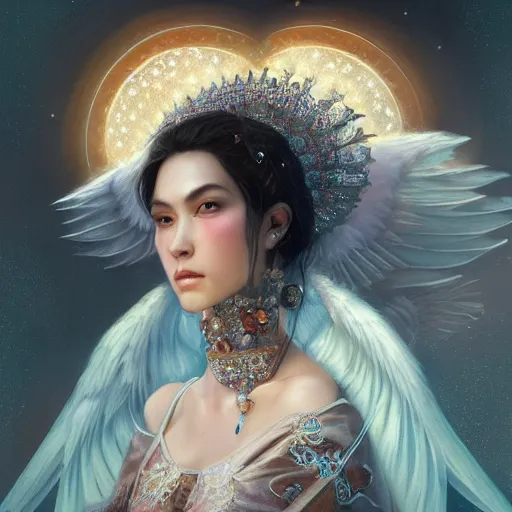 Image similar to A beautiful digital painting of a female Seraphim full of jewels, princess, the moon behind her, intricate, cinematic lighting, highly detailed, digital painting, Artstation, concept art, smooth, sharp focus, illustration, art by Tom Bagshaw, Artgerm and Greg Rutkowski