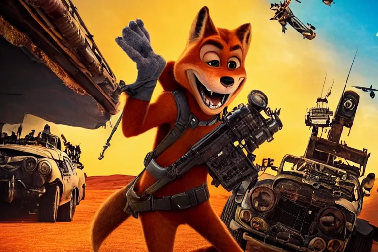 Image similar to nick wilde, heavily armed and armored facing down armageddon in a dark and gritty reboot from the makers of mad max : fury road : witness me