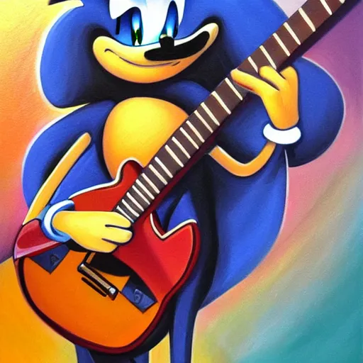 Prompt: oil painting of a sonic plays guitar