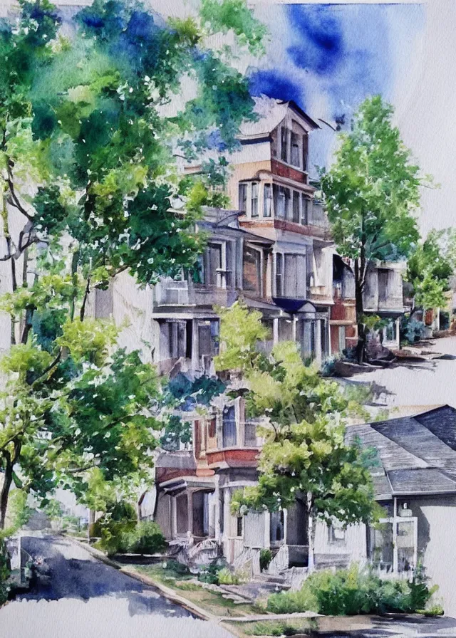 Image similar to street lined with old residential houses summer watercolor by arti chauhan trending on artstation