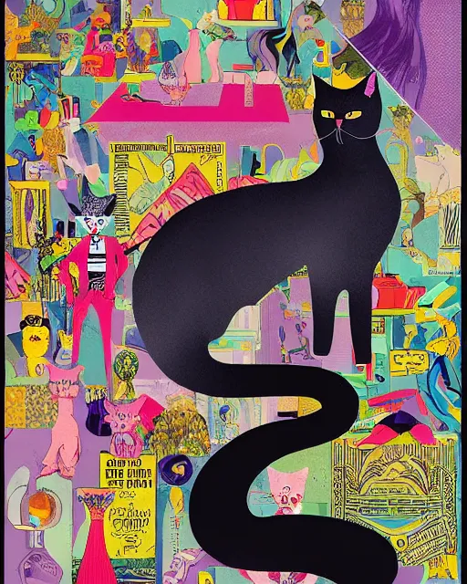 Prompt: collage illustration for the magazine article “the fantastical, fierce and fancy world of competitive cat groomers” in the style of New Yorker magazine, perfect geometry, champion gorgeous cat queen with flowing hair, mixed media, rule of thirds, size tension, humorous surrealism, Tarot card, color ratio 6:3:1