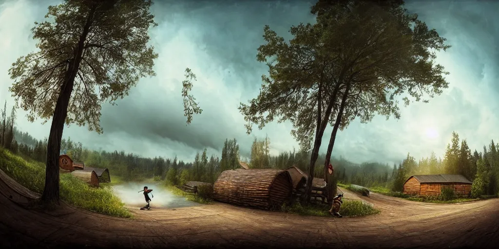 Prompt: a detailed beautiful matte painting of a skateboarder, kick flip, pilgrim village setting, log homes, dirt road, trees by Mikko Lagerstedt and Raphael Lacoste, graffiti throughout by Fintan Magee, fisheye lens,