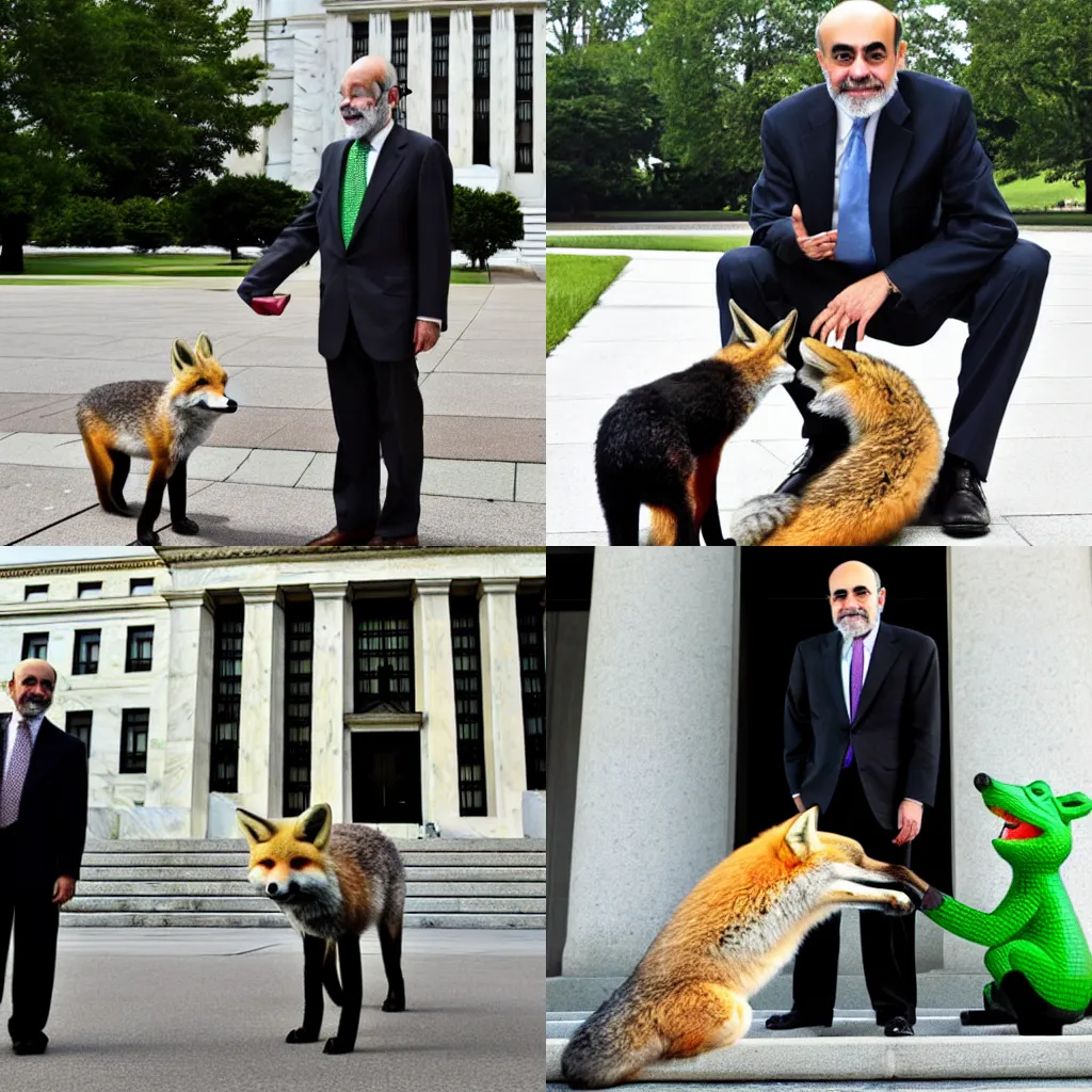 Prompt: Ben Bernanke outside the Federal Reserve, meeting a red fox and a green crocodile, high-quality photograph