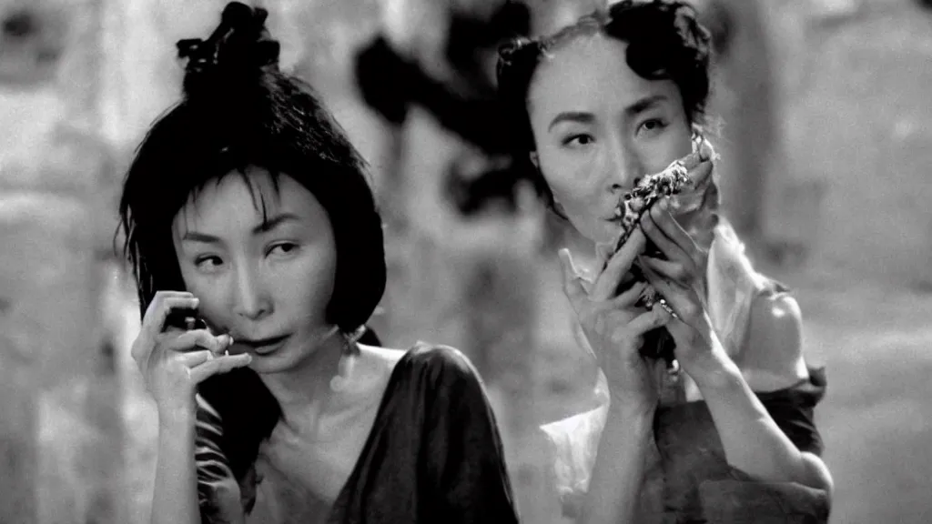 Prompt: Maggie Cheung smokes weed with a demon, 35mm film still, by Jean Luc-Godard