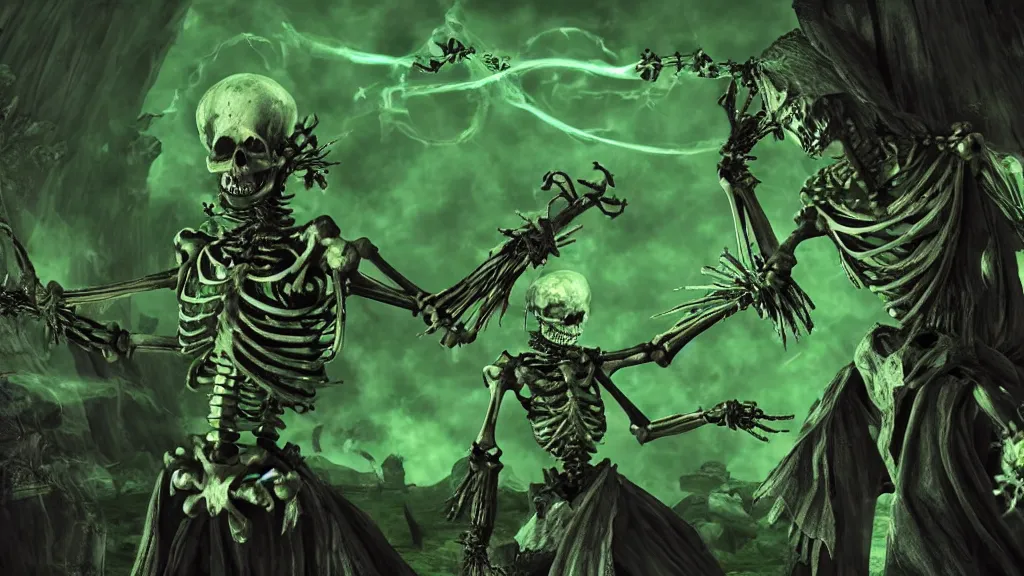 Prompt: an artwork of a skeleton overlord magician casting a spell with green ornaments, dark souls style