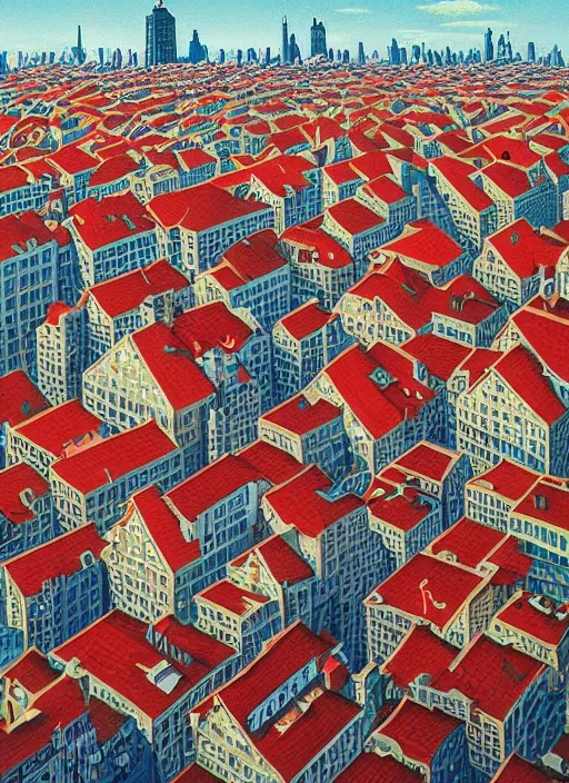 Prompt: a hundred rooftops stretch across a crowded skyline in relentless melt, vintage shapes, retro technology, happy colors. rob gonsalves, oil on canvas, deep depth field, masterpiece, cinematic composition, hyperdetailed