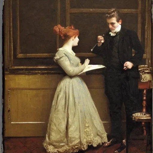 Image similar to young victorian man and woman solving an escape room riddle, painted by alfred stevens