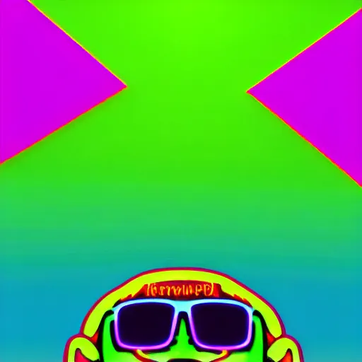 Image similar to neon green taco dancing on horizon cyberwave background with kernel sanders face as sun in the sky