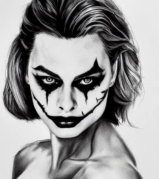 Image similar to tattoo design sketch of beautiful margot robbie portrait with joker makeup, in the style of den yakovlev, realistic face, black and white, realism tattoo, hyper realistic, highly detailed