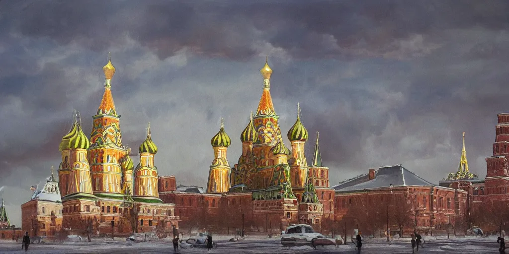 Prompt: a beautiful painting of nuclear strike on Moscow Kremlin by Andreas Marschall, 8k, high detail, advanced rendering whimsically designed art, 4k post-processing highly detailed, Soft illumination