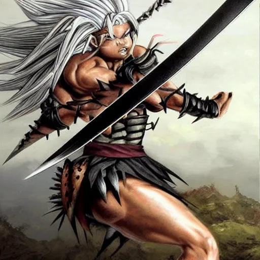 Image similar to realistic art style, warrior girl, muscular girl, wild spiky black saiyan hair, long spiky hair, electrified hair, holding scimitar made of bone, scimitar, sword, jagged sword, curved sword, orkish sword, colorized, gray skin, hyper - detailed, primeval fantasy, prehistoric fantasy, art by jacques - louis david