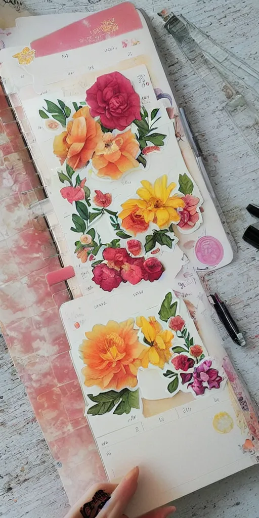 Prompt: beautiful flower, by tran nguyen, warm colors, cozy, etsy stickers, white border, sticker sheet, planner stickers