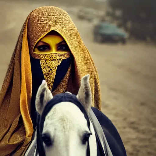 Image similar to ultra - photorealistic, burqa woman driving horse and handling weapon, dust, yellow cinematic, 4 k, 8 0 0 mm, uhd, vogue, winning photo of the year, sharp focus, intricate, hyperdetailed