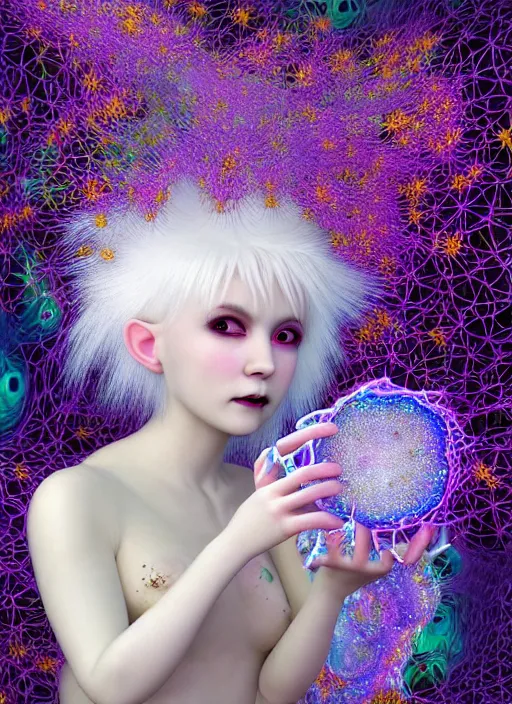 Image similar to hyper detailed 3d render like a Oil painting - kawaii portrait Aurora (white haired Singer Ferret) seen Eating of the Strangling network of yellowcake aerochrome and milky Fruit and Her delicate Hands hold of gossamer polyp blossoms bring iridescent fungal flowers whose spores black the foolish stars by Jacek Yerka, Mariusz Lewandowski, Houdini algorithmic generative render, Abstract brush strokes, Masterpiece, Edward Hopper and James Gilleard, Zdzislaw Beksinski, Mark Ryden, Wolfgang Lettl, hints of Yayoi Kasuma, octane render, 8k