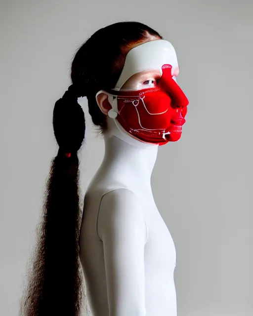 Image similar to portrait of a woman wearing a red embroidered translucent silicone mask and white frizzy hair buns, wearing a black bodysuit, cream white background, soft diffused light, biotechnology, humanoide robot, sterile light, futuristic aesthetic, translucent, ethereal, intricate details, highly detailed, masterpiece,