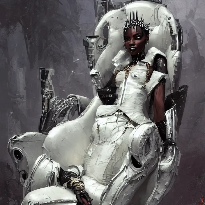 Image similar to postapocalyptic african domme mistress in her throne, futuristic, ebony skin, rubber and latex, spikes, smooth white surroundings, smooth, concept art, realistic painting, digital art by greg rutkowski, by junji ito