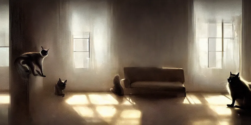 Prompt: a dramatic portrait of a siamese cat inside a modern apartment, intricate concept art, ethereal, cinematic, dramatic lighting, by jeremy mann and julius adam ii