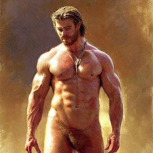 Image similar to Chris Hemsworth with a hairy!!!!! shredded!!!!! body type, painting by Gaston Bussiere, Craig Mullins