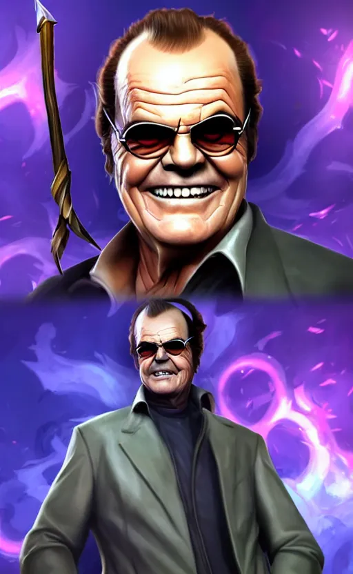 Image similar to Jack Nicholson as a character in the game League of Legends, with a background based on the game League of Legends, detailed face, old 3d graphics