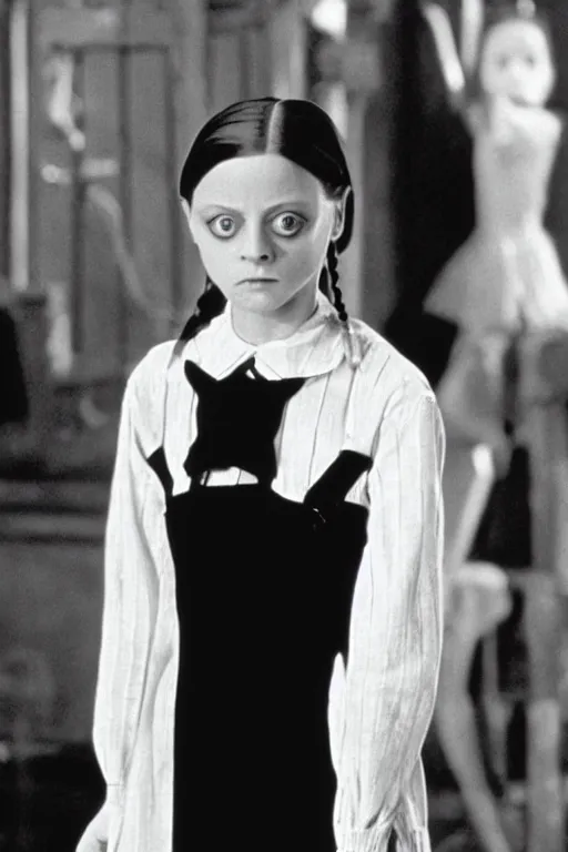 Image similar to Young Jodie Foster as Wednesday in The Addams Family movie 1991, iconic black dress, color