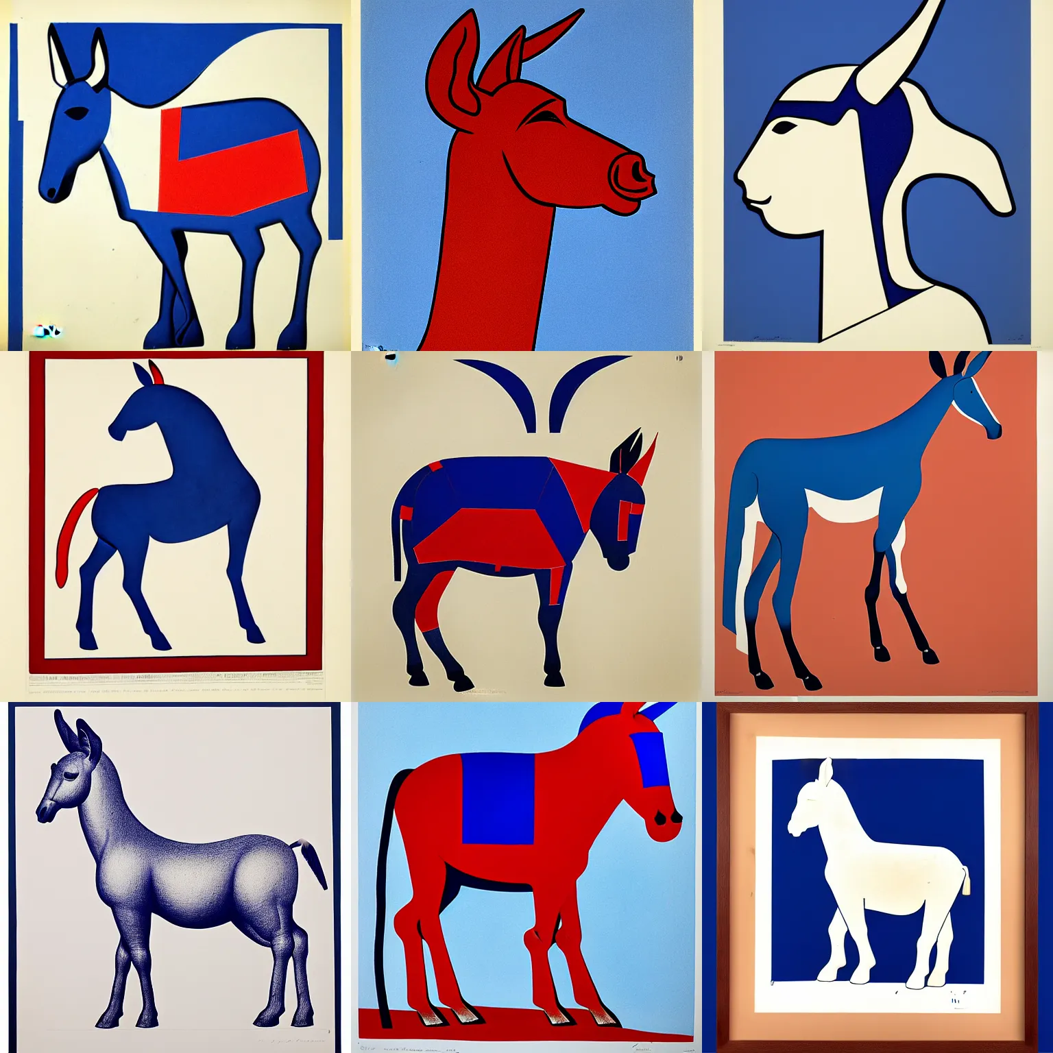 Prompt: lithograph side view of standing donkey against white background, ears, duotone, cycladic sculptural style, full body, flat colors, iconic, simplified, ultramarine blue and red iron oxide