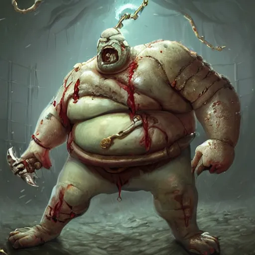Prompt: a fat fleshy abomination four-arms butcher holding a cleaver and a hook hand, flesh wounded, four arms, chained hook, cleaver knife, meats on the ground, in the style of greg rutkowski, fantasy rpg, league of legends