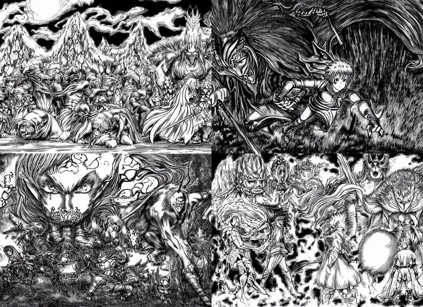 Prompt: A fantasy land by Kentaro Miura in the style of Berserk Manga, anime, manga