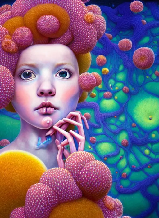 Prompt: hyper detailed 3d render like a Oil painting - kawaii portrait Aurora (coral haired Singer Ferret) seen Eating of the Strangling network of yellowcake aerochrome and milky Fruit and Her delicate Hands hold of gossamer polyp blossoms bring iridescent fungal flowers whose spores black the foolish stars by Jacek Yerka, Mariusz Lewandowski, Houdini algorithmic generative render, Abstract brush strokes, Masterpiece, Edward Hopper and James Gilleard, Zdzislaw Beksinski, Mark Ryden, Wolfgang Lettl, hints of Yayoi Kasuma, octane render, 8k