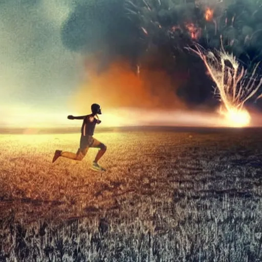 Image similar to cctv footage of a man running across a field, in the background is a large explosion, highly detailed, very realistic.