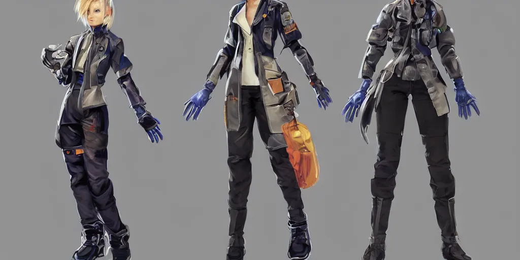 Image similar to A woman in scientist jacket with a system of straps and pouches for collecting material by Tetsuya Nomura with Ralph Horsley and Mario Testino, trending on artstation and pixiv clean sci-fi concept art and sheet for video game character from Capcom that will be used in unreal engine 5 with hyper detailed textures and cinematic light