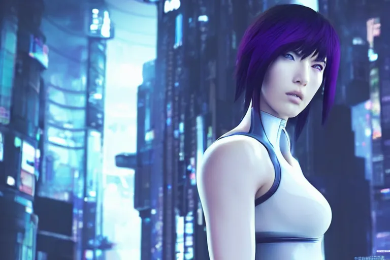 Image similar to cyberpunk ghost in the shell concept inspired motoko kusanagi, futuristic look, highly detailed body, very powerful, photorealistic camera shot, bright studio setting, studio lighting, crisp quality and light reflections, unreal engine 5 quality render