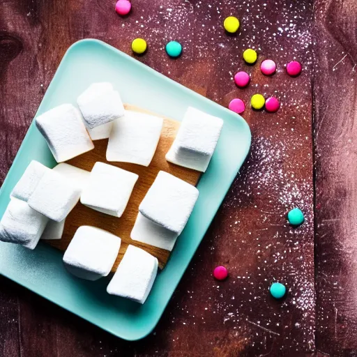 Image similar to photograph of delicious fluffy marshmallow cube with sprinkles on a dark wooden chopping board, pastel colours, professional food photography, photorealistic, depth of field, 4 k, canon 1 d, bohek